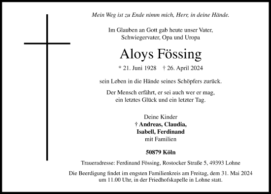 Anzeige von Aloys Fössing von OM-Medien