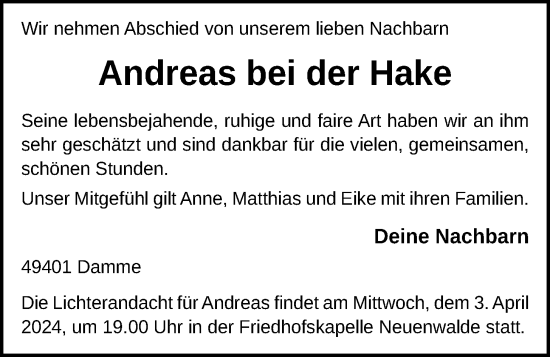 Anzeige von Andreas bei der Hake von OM-Medien