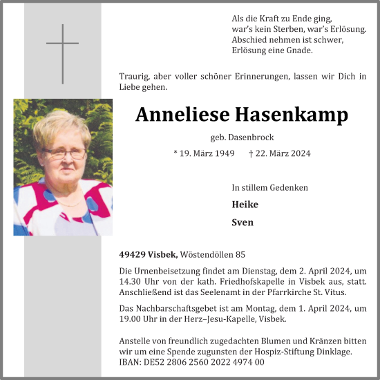 Anzeige von Anneliese Hasenkamp von OM-Medien