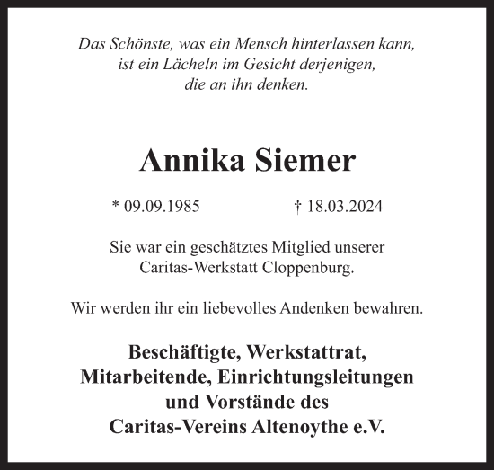 Anzeige von Annika Siemer von OM-Medien