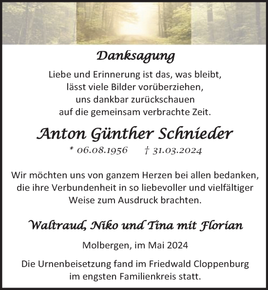 Anzeige von Anton Günther Schnieder von OM-Medien