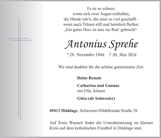 Anzeige von Antonius Sprehe von OM-Medien