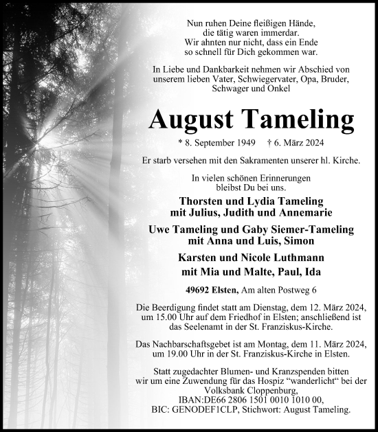 Anzeige von August Tameling von OM-Medien