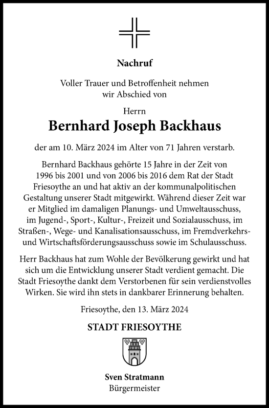 Anzeige von Bernhard Joseph Backhaus von OM-Medien