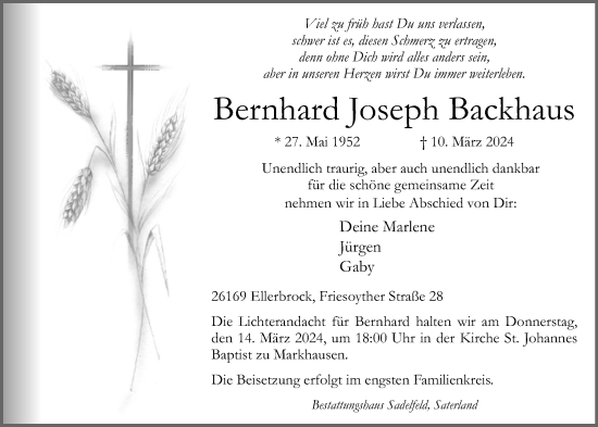 Anzeige von Bernhard Joseph Backhaus von OM-Medien