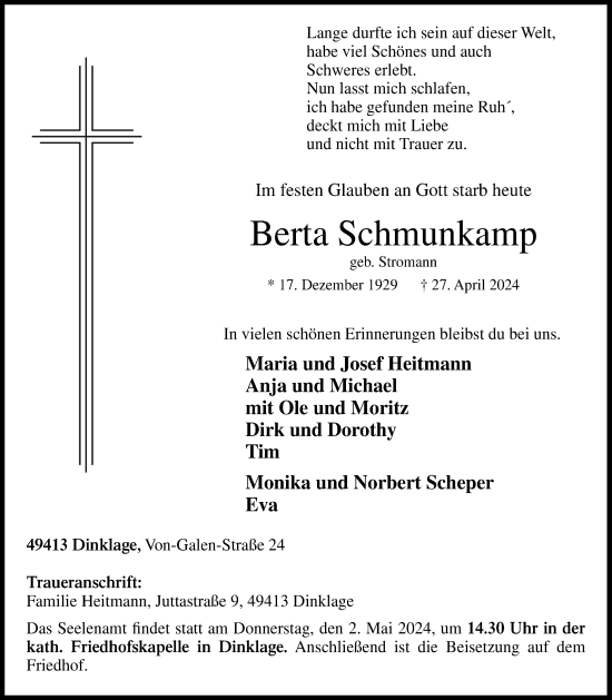 Anzeige von Berta Schmunkamp von OM-Medien