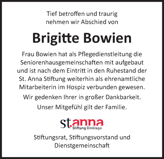 Anzeige von Brigitte Bowien von OM-Medien