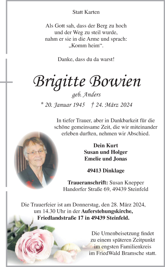 Anzeige von Brigitte Bowien von OM-Medien