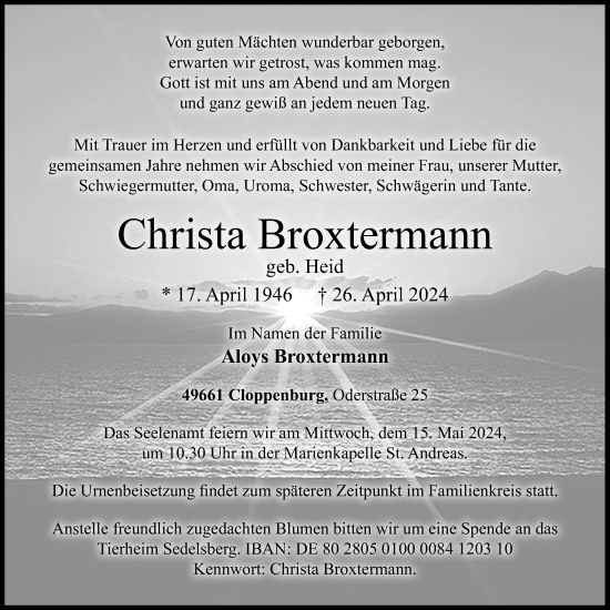 Anzeige von Christa Broxtermann von OM-Medien