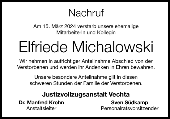 Anzeige von Elfriede Michalowski von OM-Medien