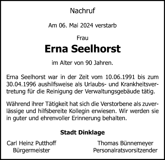 Anzeige von Erna Seelhorst von OM-Medien