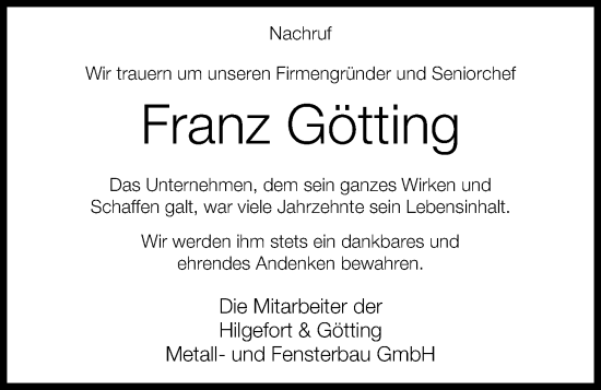 Anzeige von Franz Götting von OM-Medien