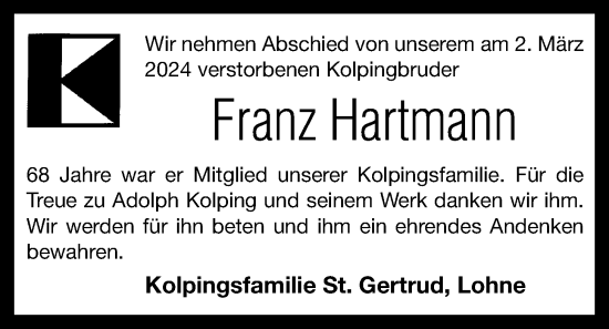 Anzeige von Franz Hartmann von OM-Medien