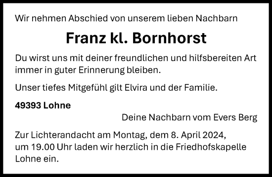 Anzeige von Franz kl. Bornhorst von OM-Medien