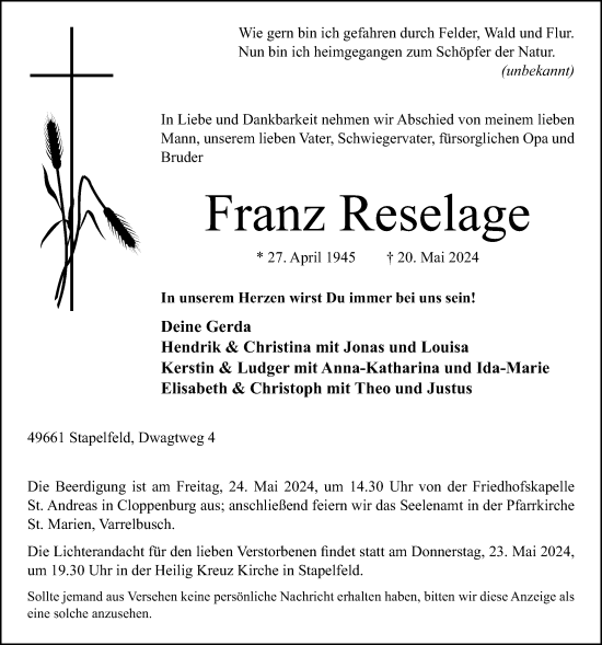 Anzeige von Franz Reselage von OM-Medien