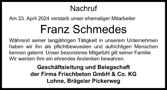 Anzeige von Franz Schmedes von OM-Medien