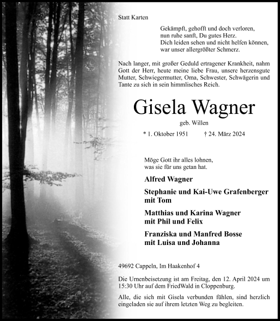 Anzeige von Gisela Wagner von OM-Medien