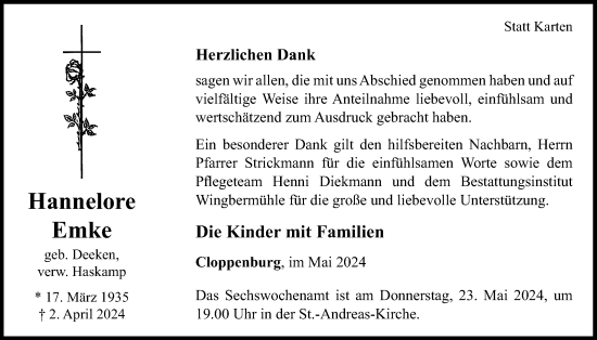 Anzeige von Hannelore Emke von OM-Medien