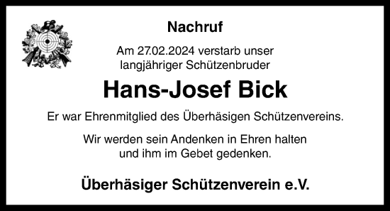 Anzeige von Hans-Josef Bick von OM-Medien