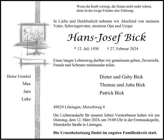 Anzeige von Hans-Josef Bick von OM-Medien