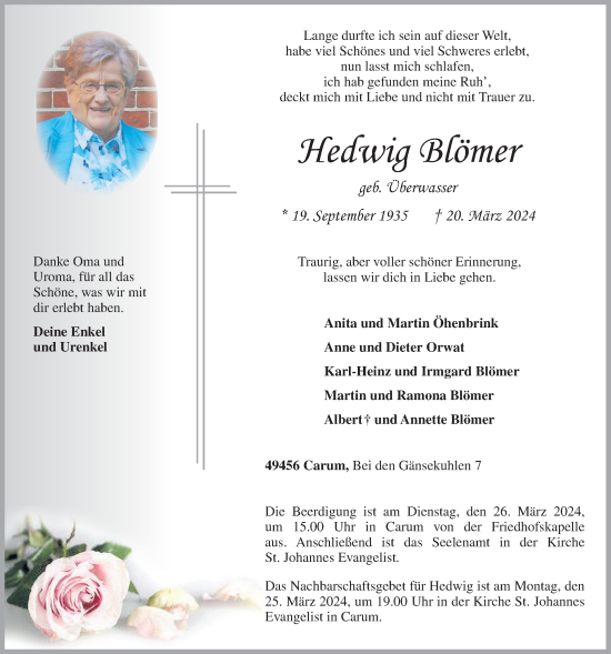 Anzeige von Hedwig Blömer von OM-Medien