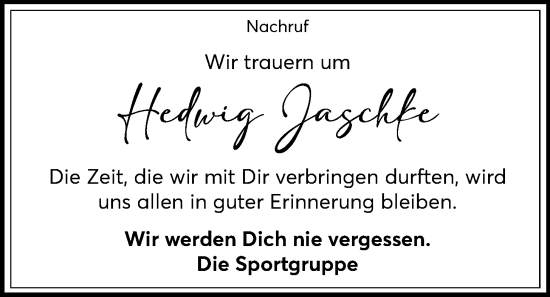 Anzeige von Hedwig Jaschke von OM-Medien