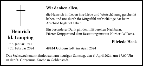 Anzeige von Heinrich kl. Lamping von OM-Medien
