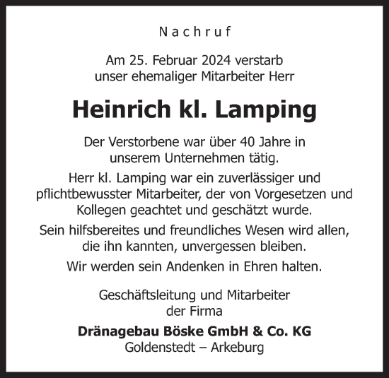Anzeige von Heinrich Lamping von OM-Medien