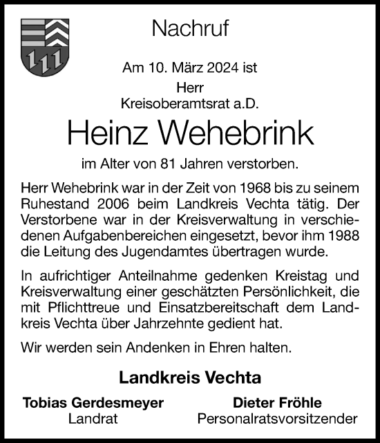 Anzeige von Heinz Wehebrink von OM-Medien