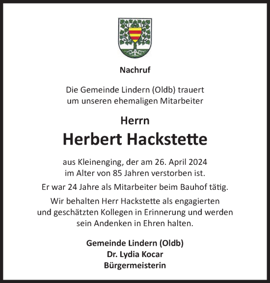 Anzeige von Herbert Hackstette von OM-Medien