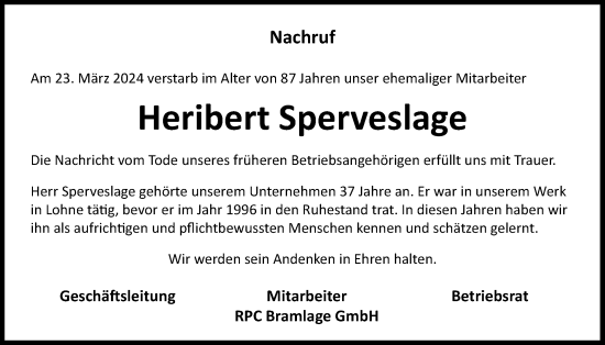 Anzeige von Heribert Sperveslage von OM-Medien