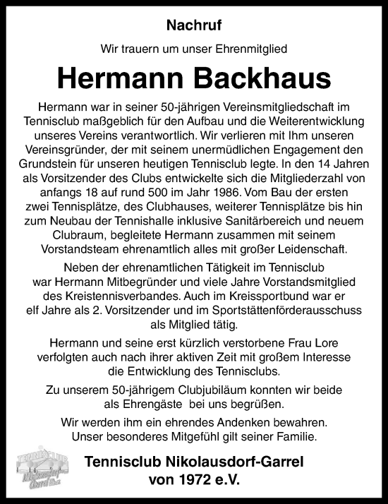Anzeige von Hermann Backhaus von OM-Medien
