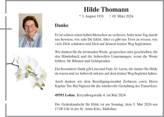 Anzeige von Hilde Thomann von OM-Medien