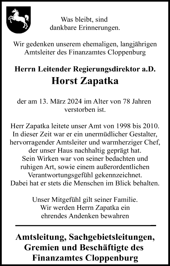 Anzeige von Horst Zapatka von OM-Medien