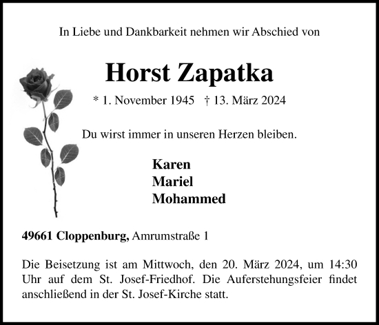 Anzeige von Horst Zapatka von OM-Medien