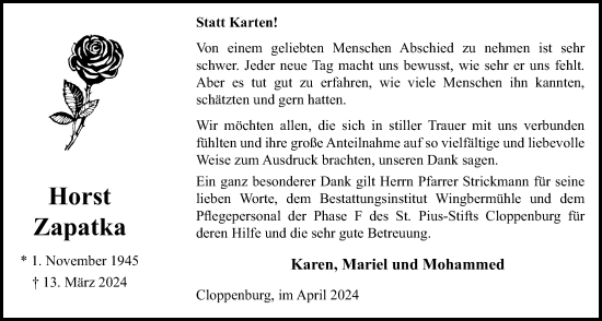 Anzeige von Horst Zapatka von OM-Medien