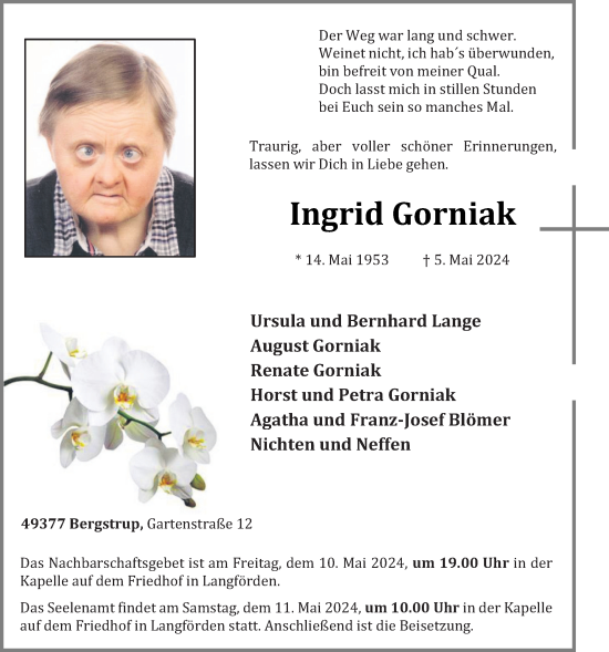 Anzeige von Ingrid Gorniak von OM-Medien