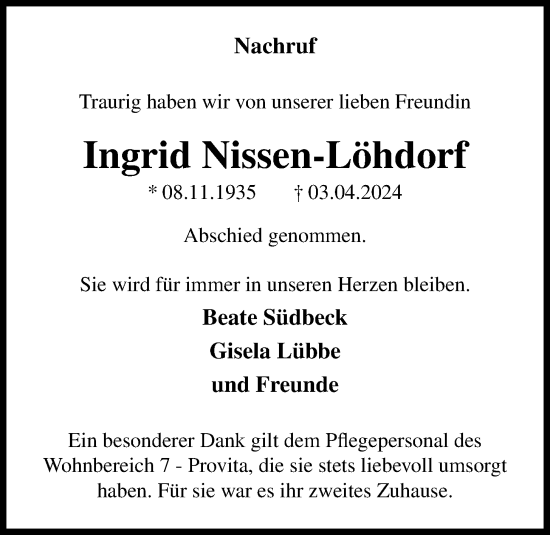 Anzeige von Ingrid Nissen-Löhdorf von OM-Medien