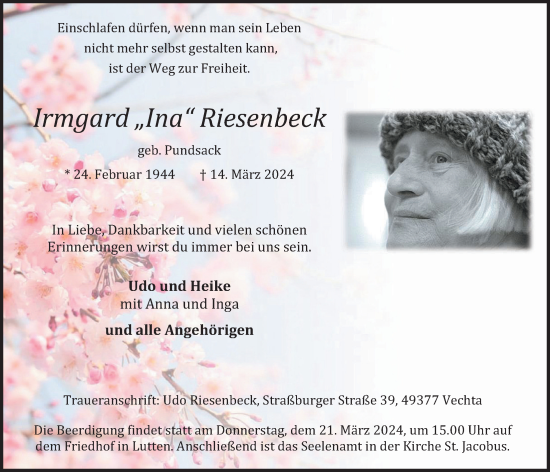 Anzeige von Irmgard Riesenbeck von OM-Medien