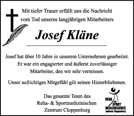 Anzeige von Josef Kläne von OM-Medien