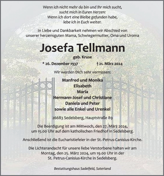 Anzeige von Josefa Tellmann von OM-Medien