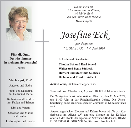 Anzeige von Josefine Eck von OM-Medien