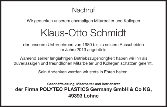 Anzeige von Klaus-Otto Schmidt von OM-Medien