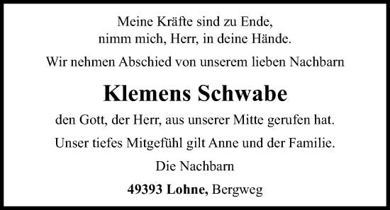 Anzeige von Klemens Schwabe von OM-Medien