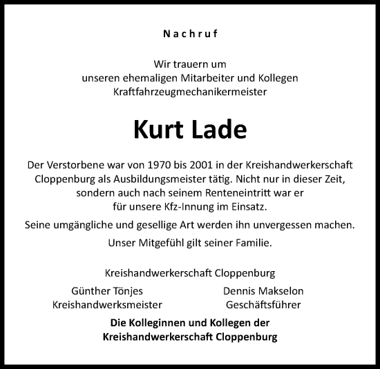 Anzeige von Kurt Lade von OM-Medien