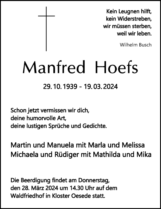 Anzeige von Manfred Hoefs von OM-Medien