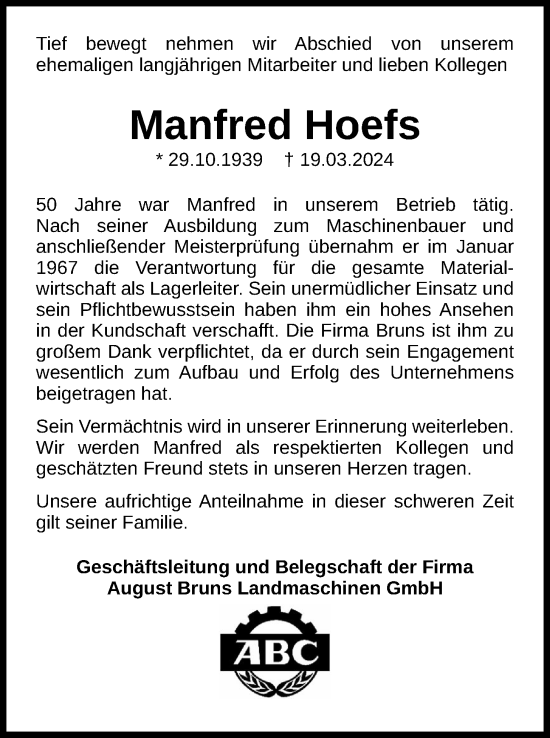 Anzeige von Manfred Hoefs von OM-Medien