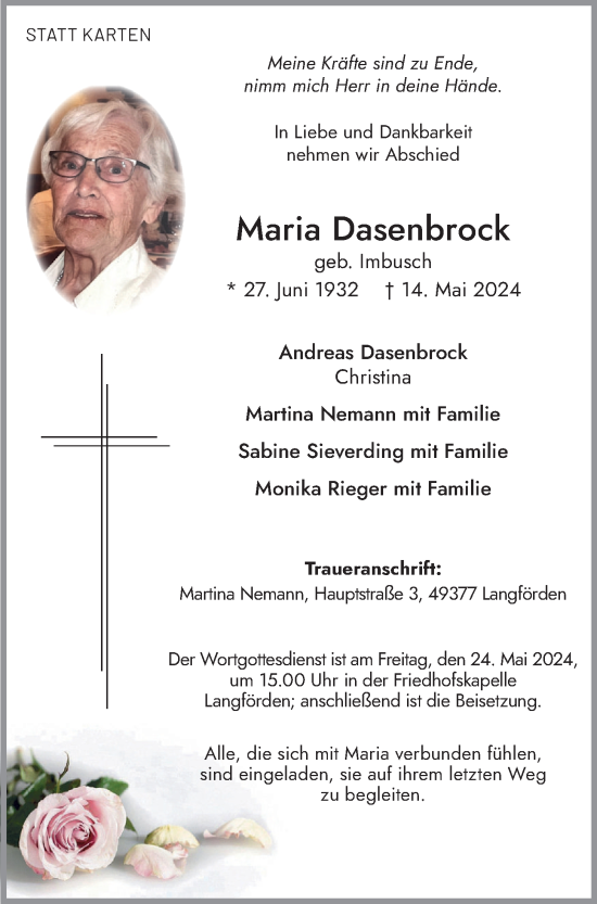 Anzeige von Maria Dasenbrock von OM-Medien