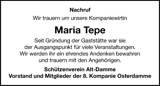 Anzeige von Maria Tepe von OM-Medien