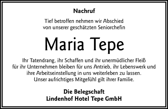 Anzeige von Maria Tepe von OM-Medien